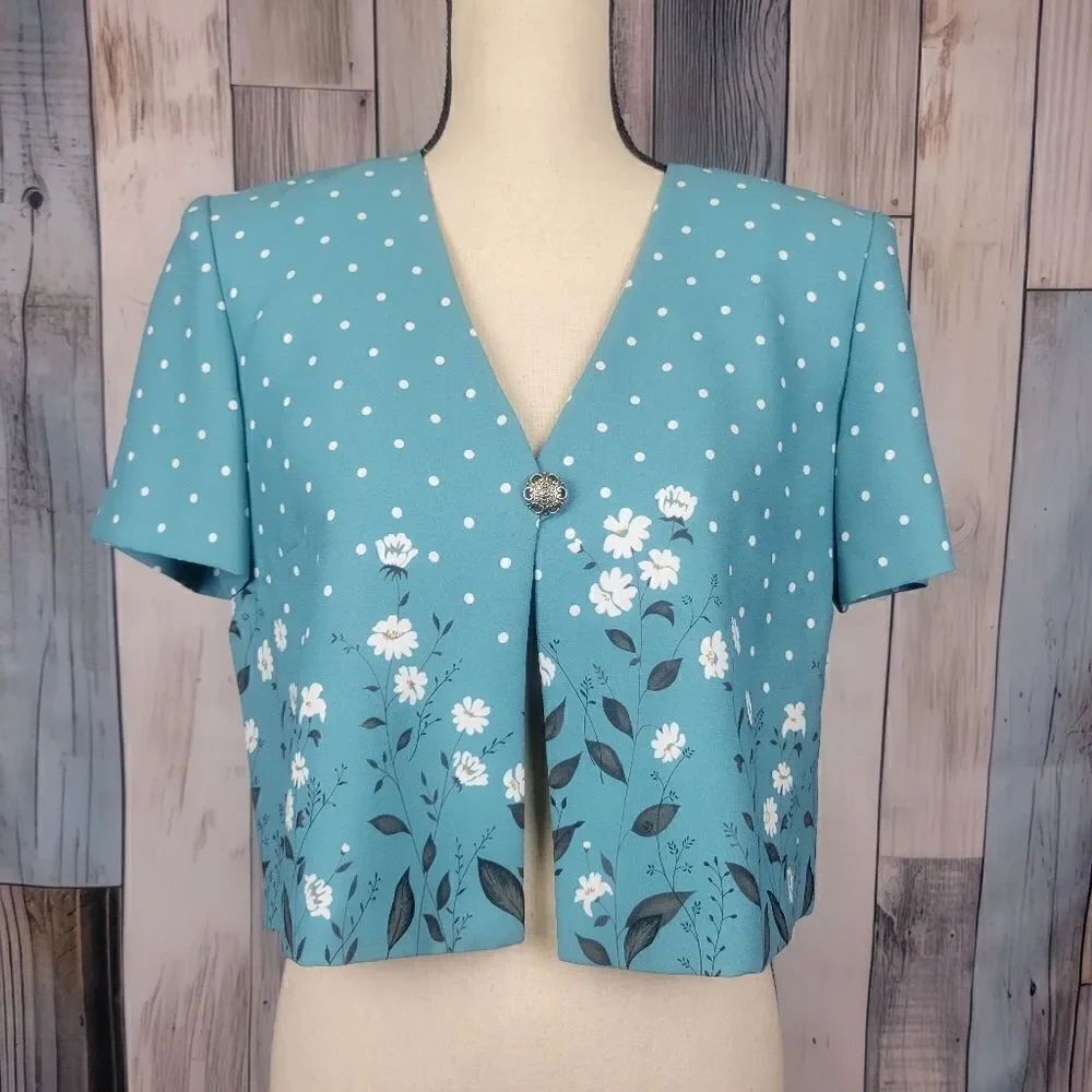Vintage Leslie Fay Cropped Cardigan Shrug Short Sleeve Blue Floral Polka Dot Med